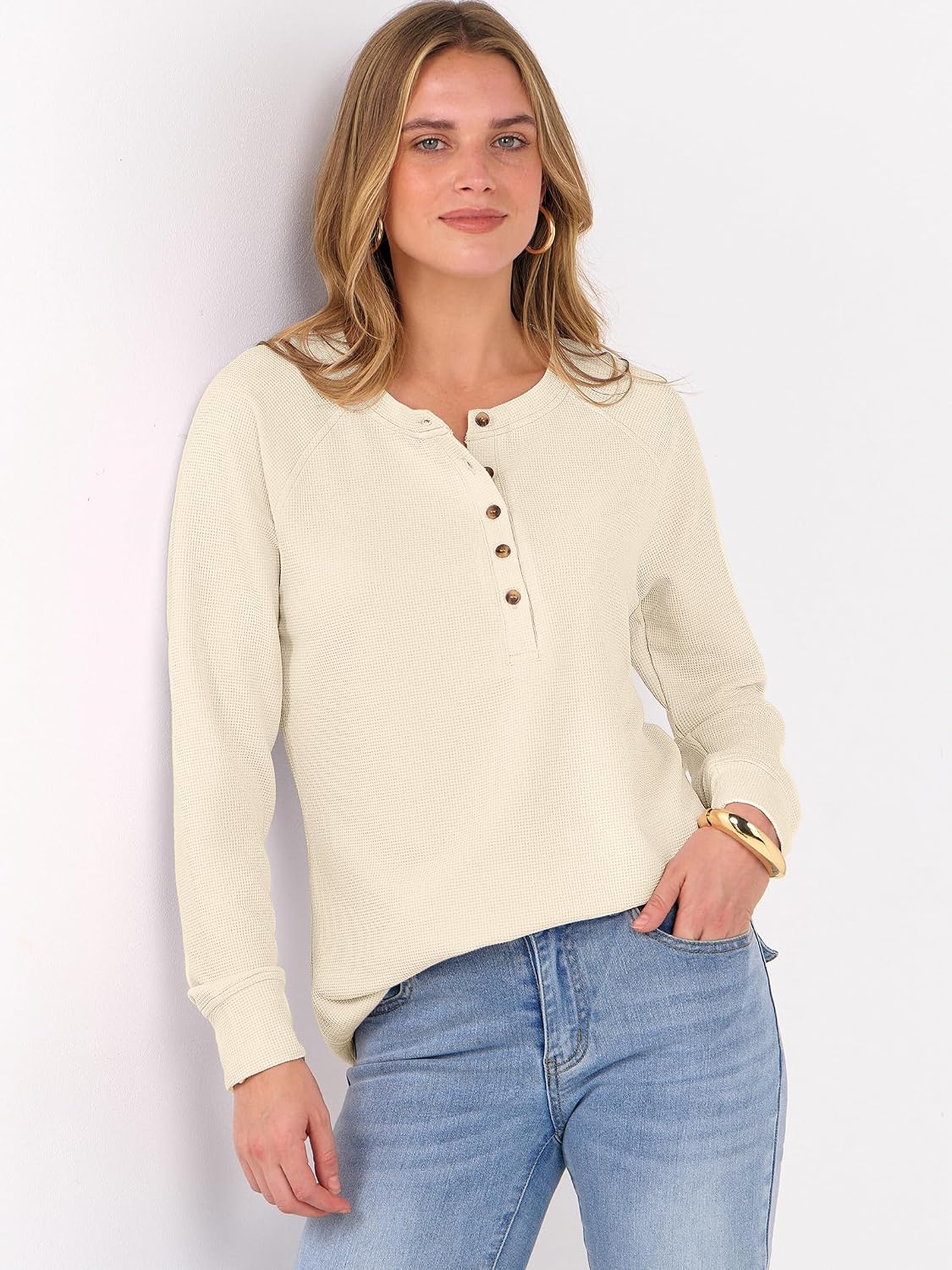 ANRABESS Women's Waffle Knit Henley Top Long Sleeve Shirts