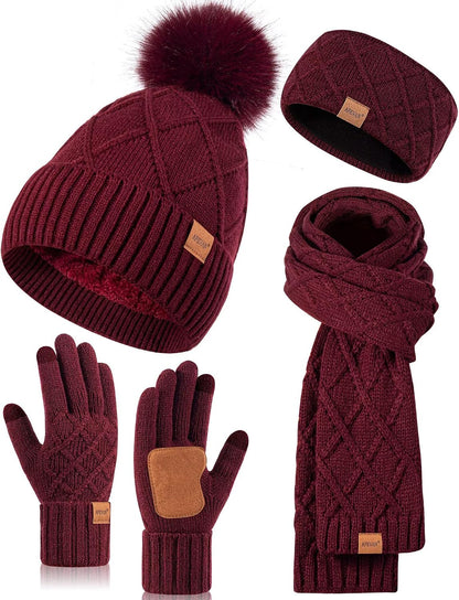 Womens Winter Hat Gloves Scarf Headband Set, Pom Pom Beanie Long Scarf Touchscreen Gloves Ear Warmer, 4 in 1 Warm Gift Set