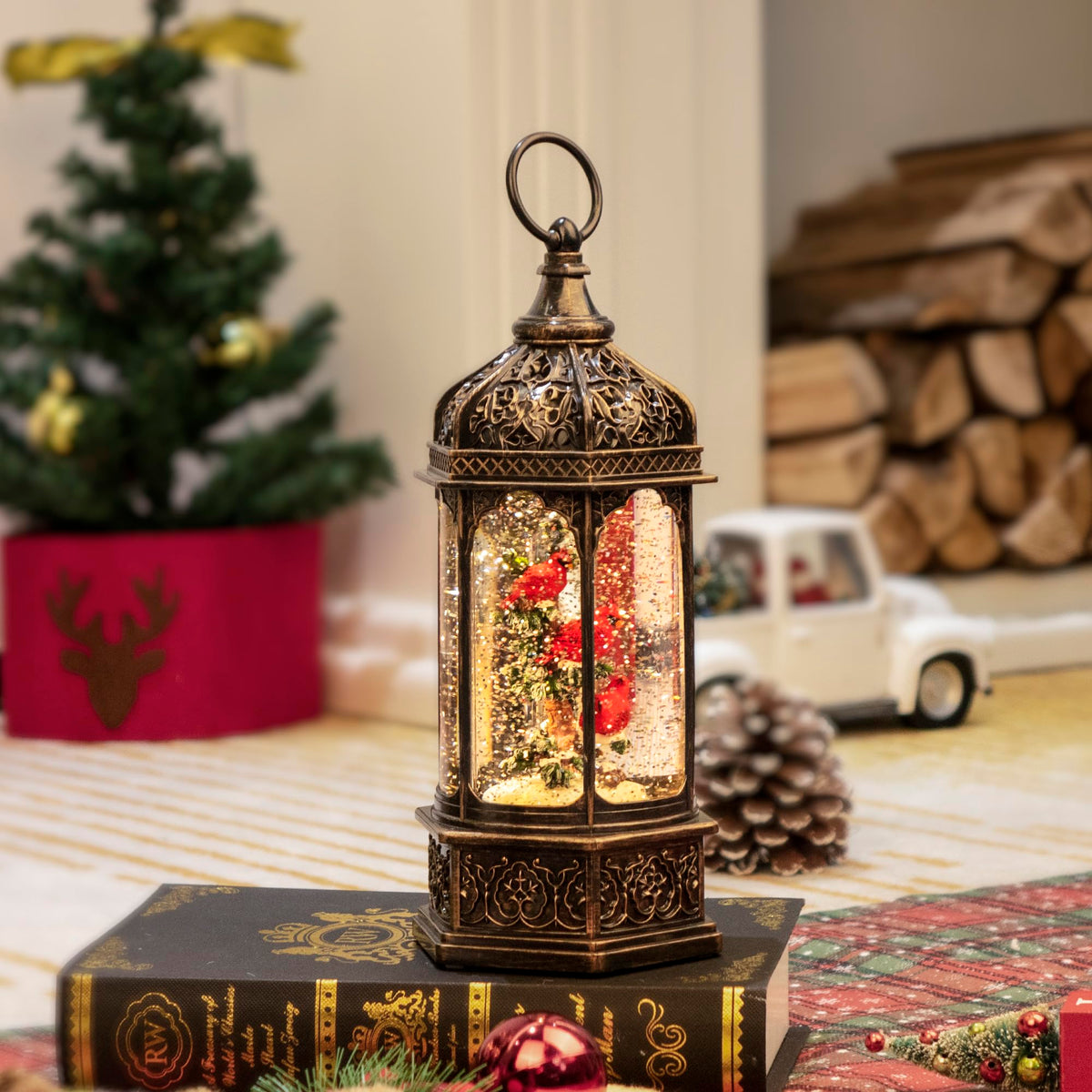 12.8" Christmas Snow Globe Lantern Christmas Decorations Indoor with Swirling Glitter Three Cardinals in the Tree, Lighted Musical Snow Globes for Home Decoration USB Powered or Battery Operated