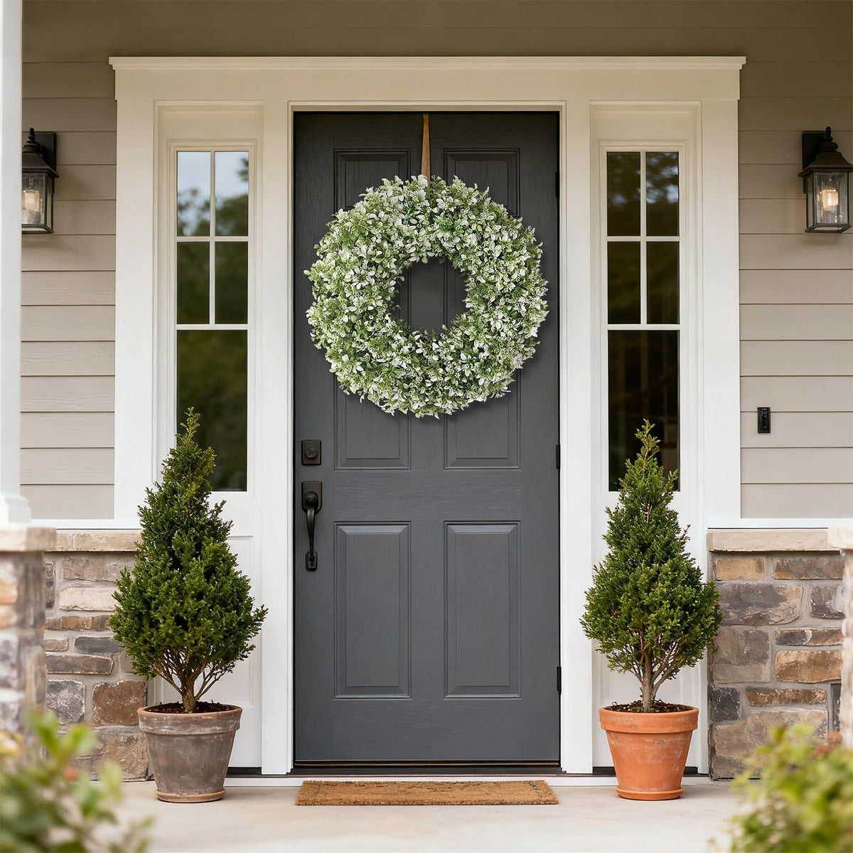 32" Large Artificial Boxwood Wreath for Front Door (White-Green) | Waterproof & Fade Resistant