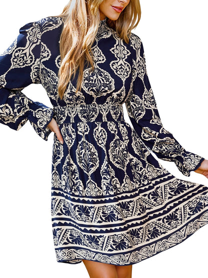 CUPSHE Women Mock Neck Floral Smocked Waist Mini Dress