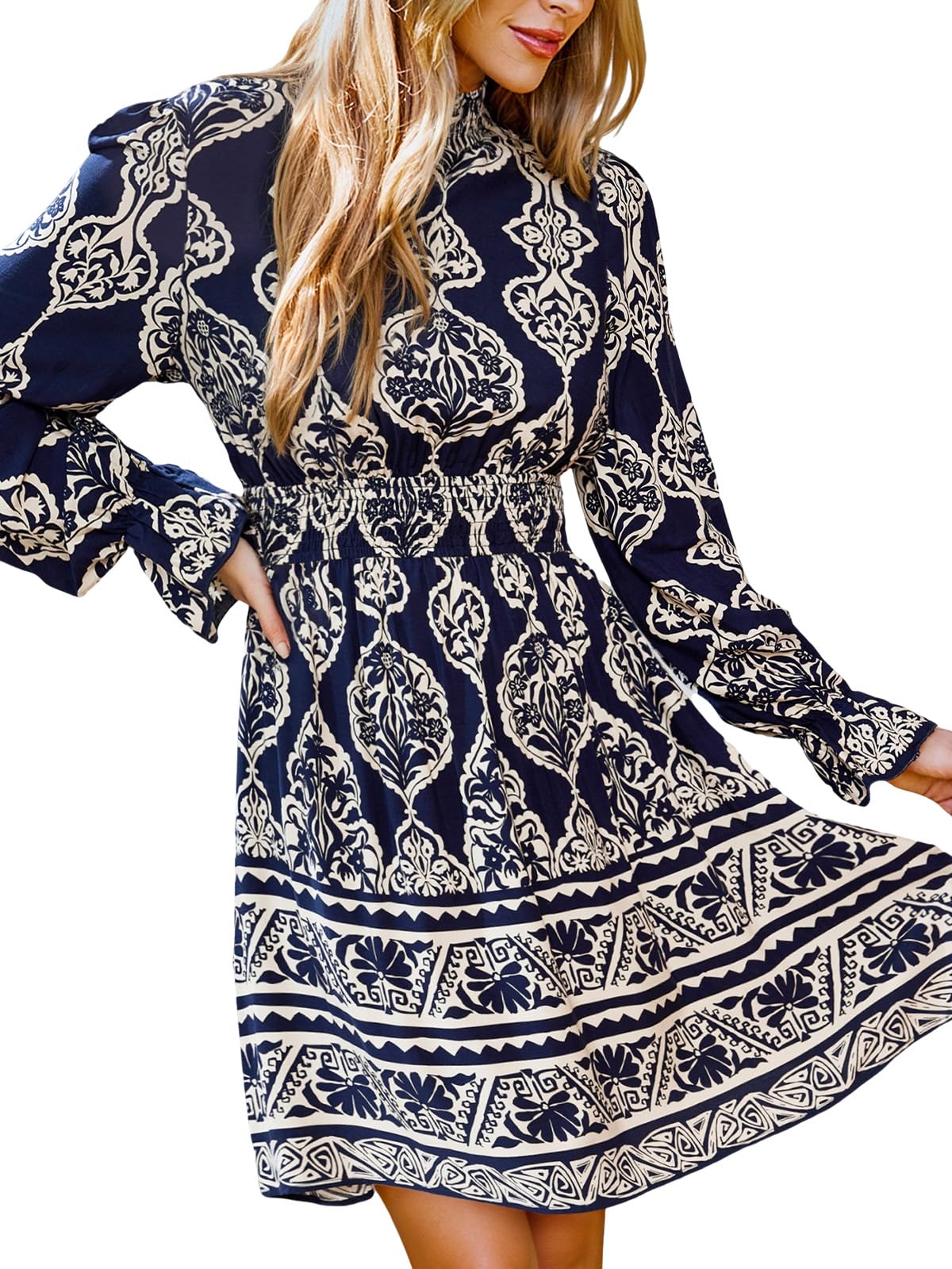 CUPSHE Women Mock Neck Floral Smocked Waist Mini Dress