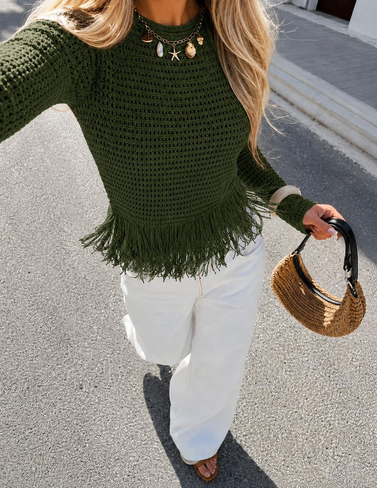 MEROKEETY Women's Fall Fashion Crochet Fringe Sweater Tops Boho Pullover