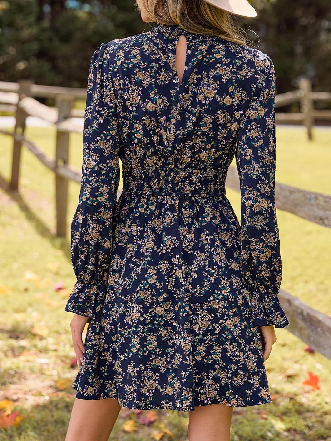 CUPSHE Women Mock Neck Floral Smocked Waist Mini Dress