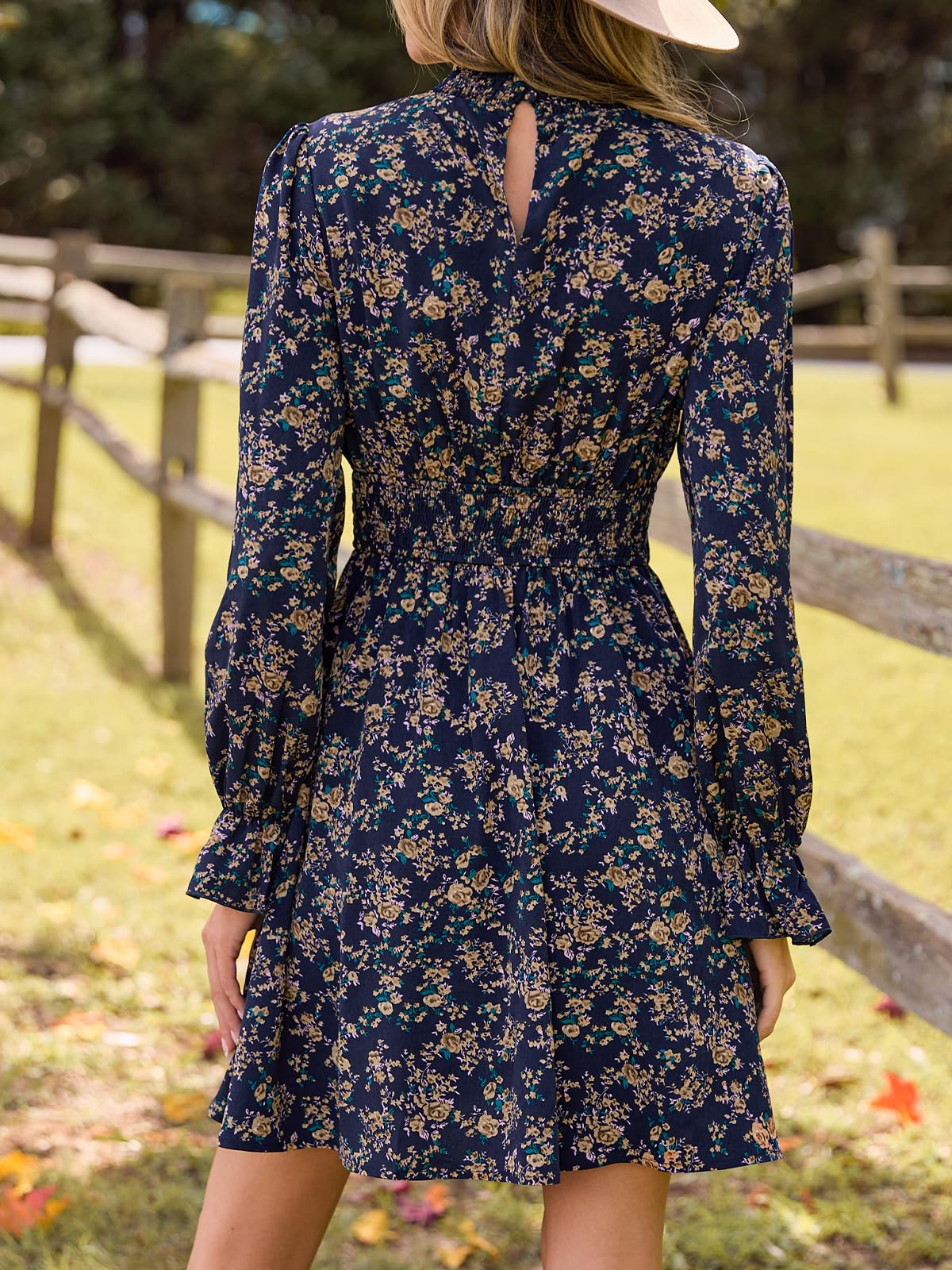 CUPSHE Women Mock Neck Floral Smocked Waist Mini Dress