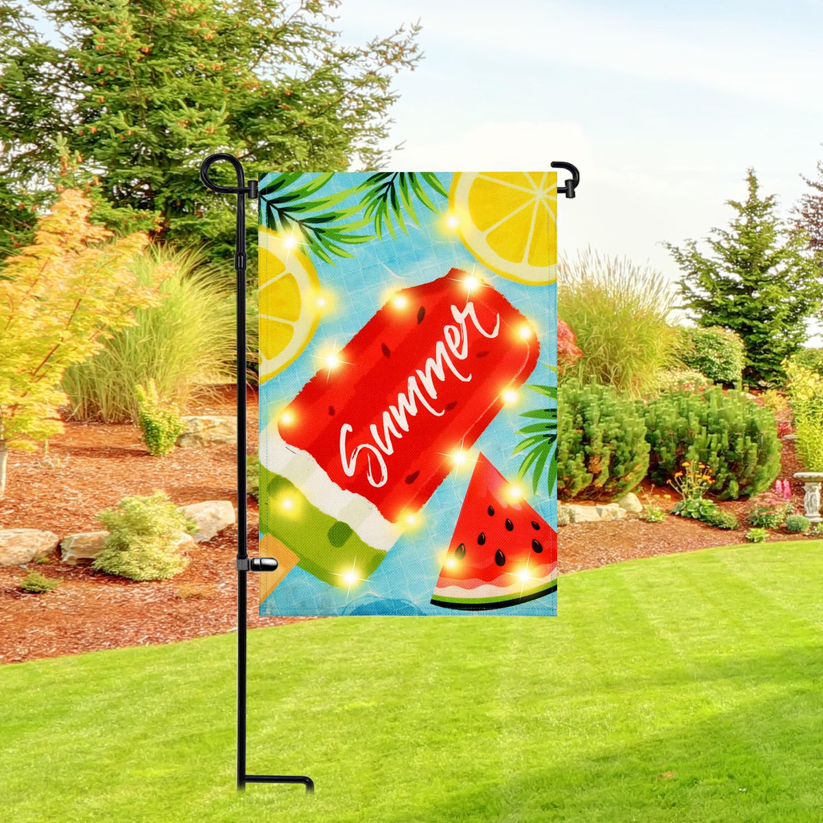 Halloween Lighted Garden Flag for Outside, LED Solar Yard Flag 8 Modes Witch Feet Shape Flag, 28x40 Double Sided Cauldron Eyeball Black Cat Decorations for Home Porch