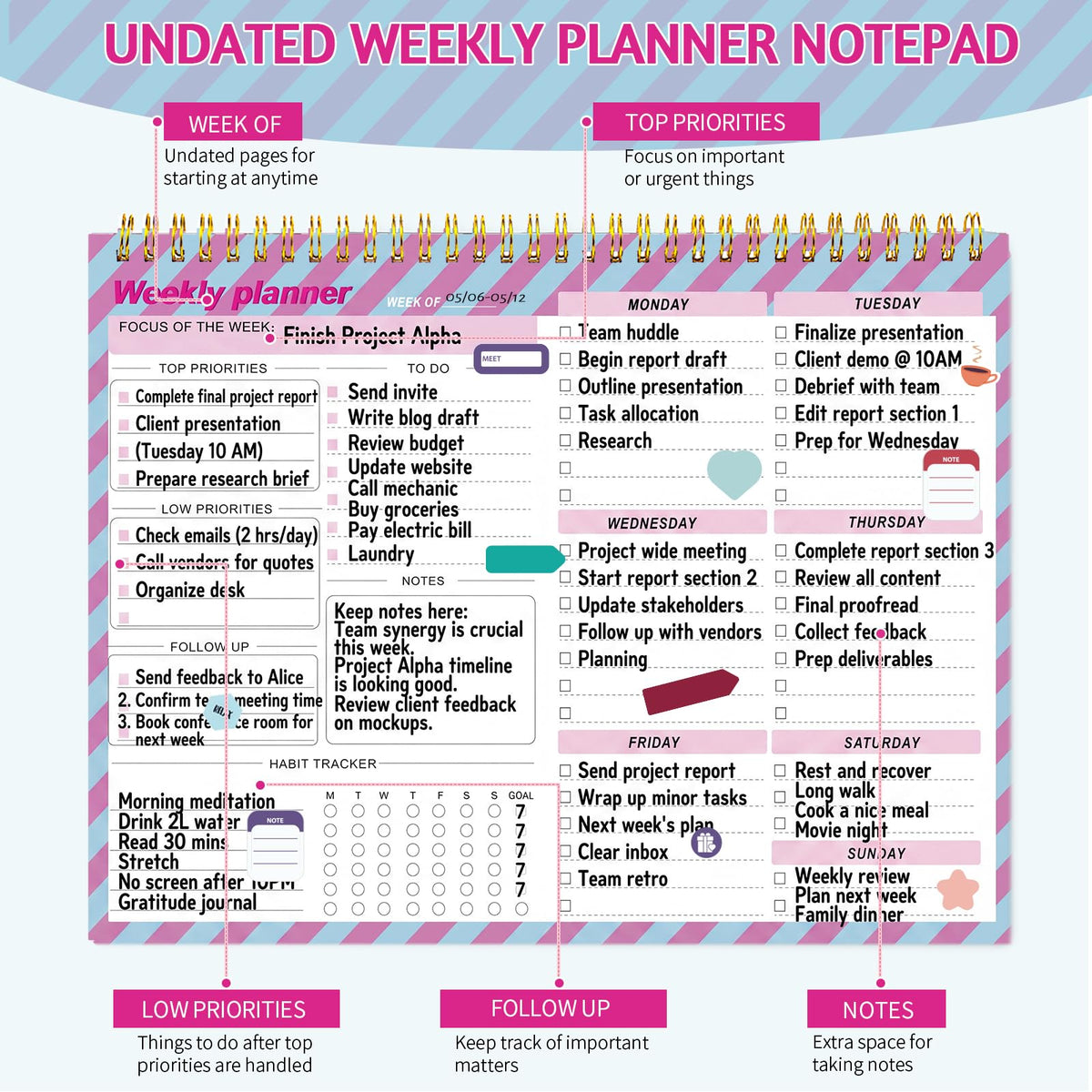 Thboxes Weekly Desk Planner, 8.5x11 In To Do List Notepad, 52 Sheets