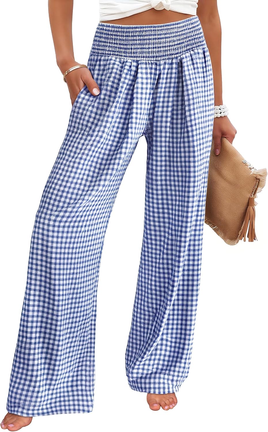 ANRABESS Womens Striped Gingham Wide Leg Palazzo Pants with Pockets