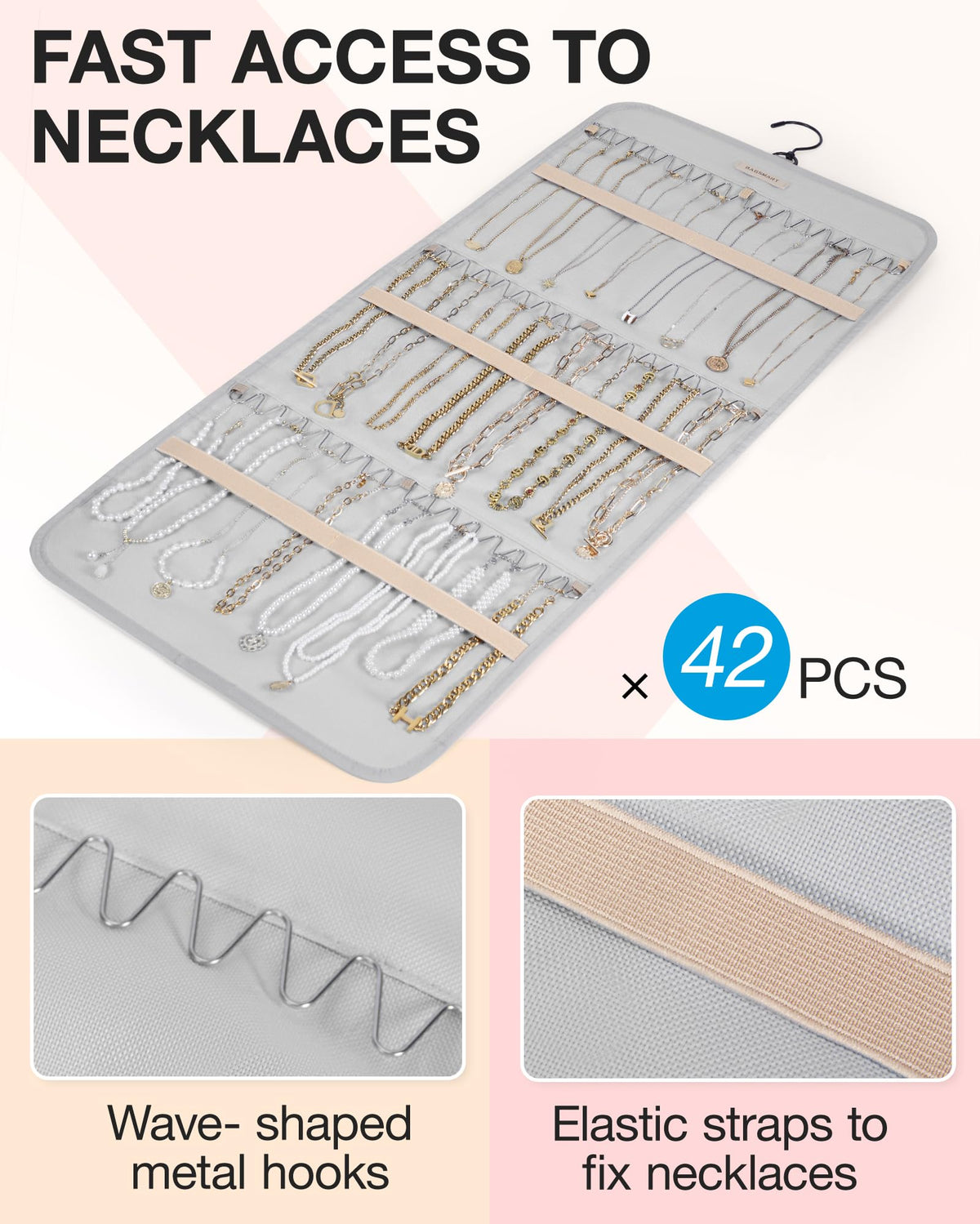BAGSMART Hanging Jewelry Organizer Storage Roll with Hanger Metal Hooks Double-Sided Jewelry Holder for Earrings, Necklaces, Rings on Closet, Wall, Door, 1 piece, Medium, Pink