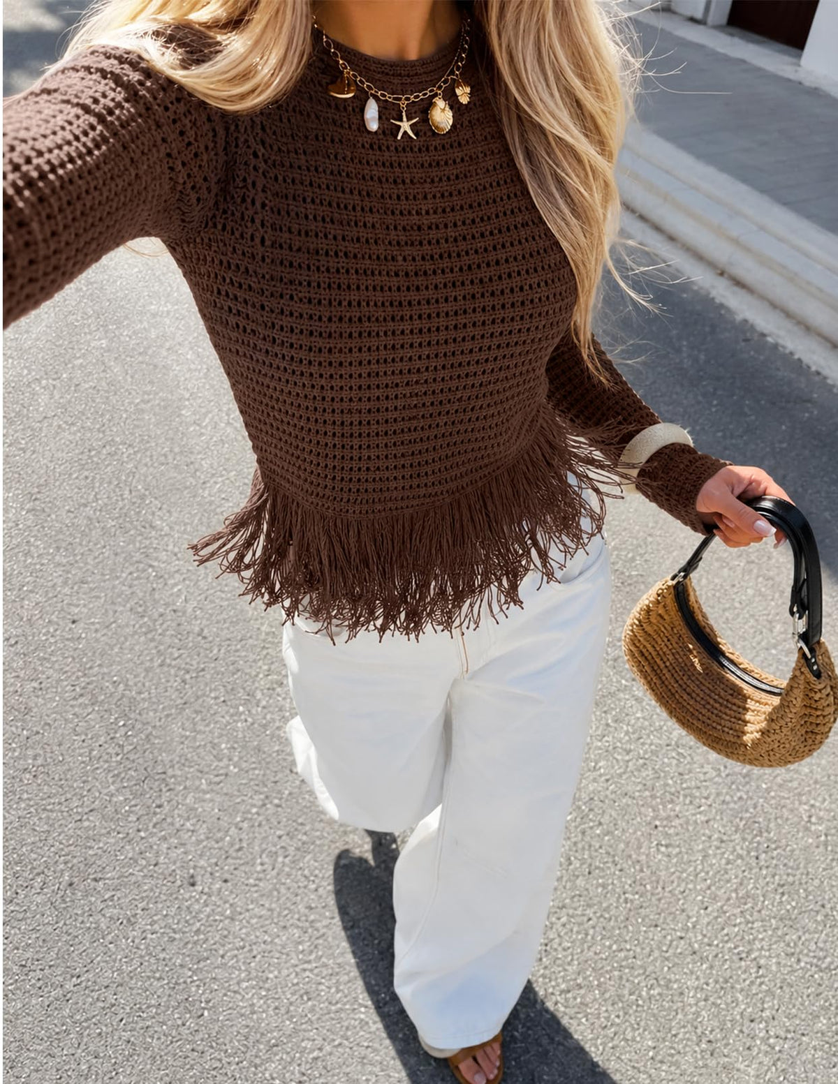 MEROKEETY Women's Fall Fashion Crochet Fringe Sweater Tops Boho Pullover