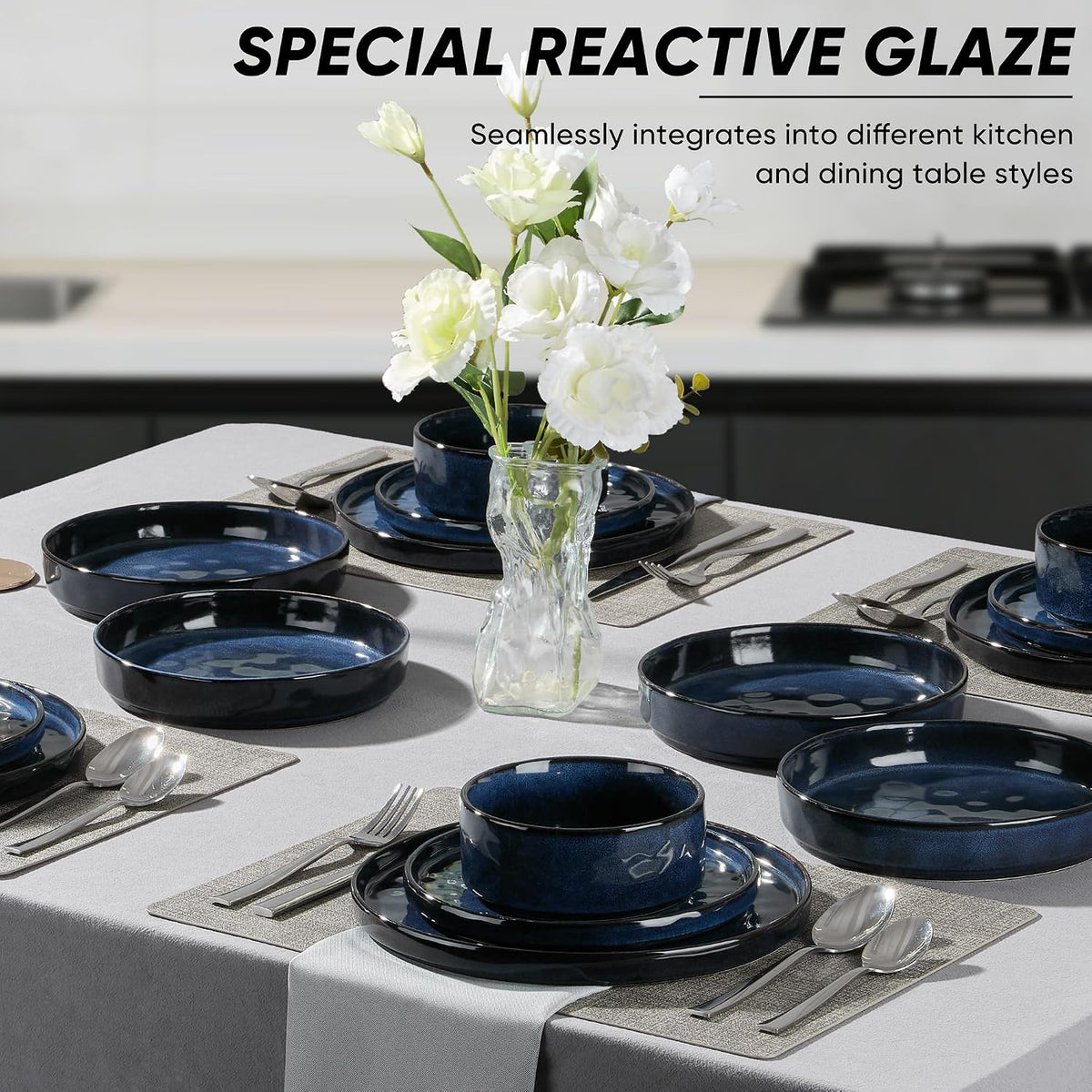 E-far Stoneware Dinnerware Set, 16-Piece Plates and Bowls Sets for 4