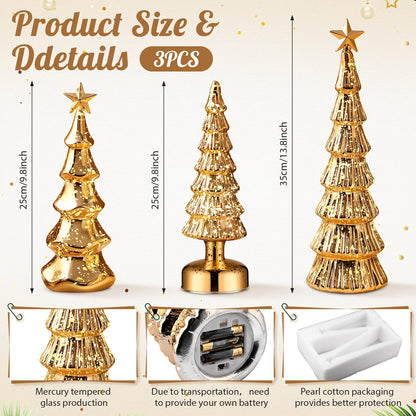 Funnymoom 3 Pack Glass Christmas Trees Decor Lighted Christmas Tree Tabletop Glitter Centerpiece Decoration Glass Xmas Tree Figurines Holiday Ornament for Table Mantle Fireplace(gold,classic)