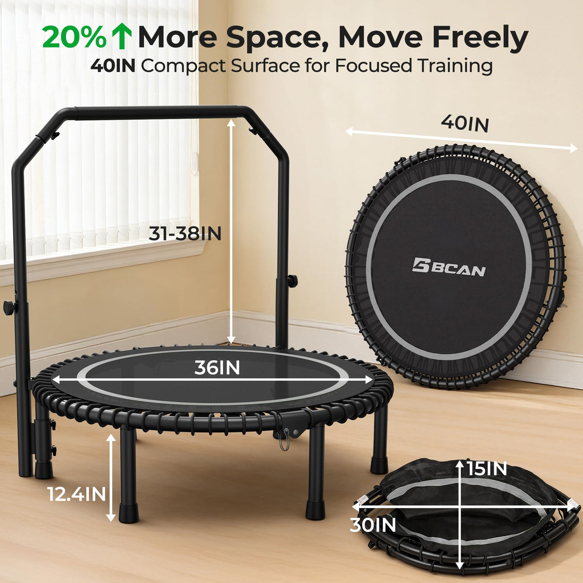 Bcan BT2 450/550LBS Mini Rebounder Trampoline for Adults with Bar, Fitness Trampoline with Bungees, Adjustable Handle, Stable & Quiet, Indoor Outdoor, Whole-Body Workout - 40IN/48IN | Fed Fitness