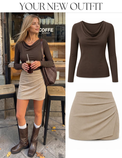 ZESICA Womens Faux Suede Wrap Mini Skirt Fall High Waist Bodycon Skort