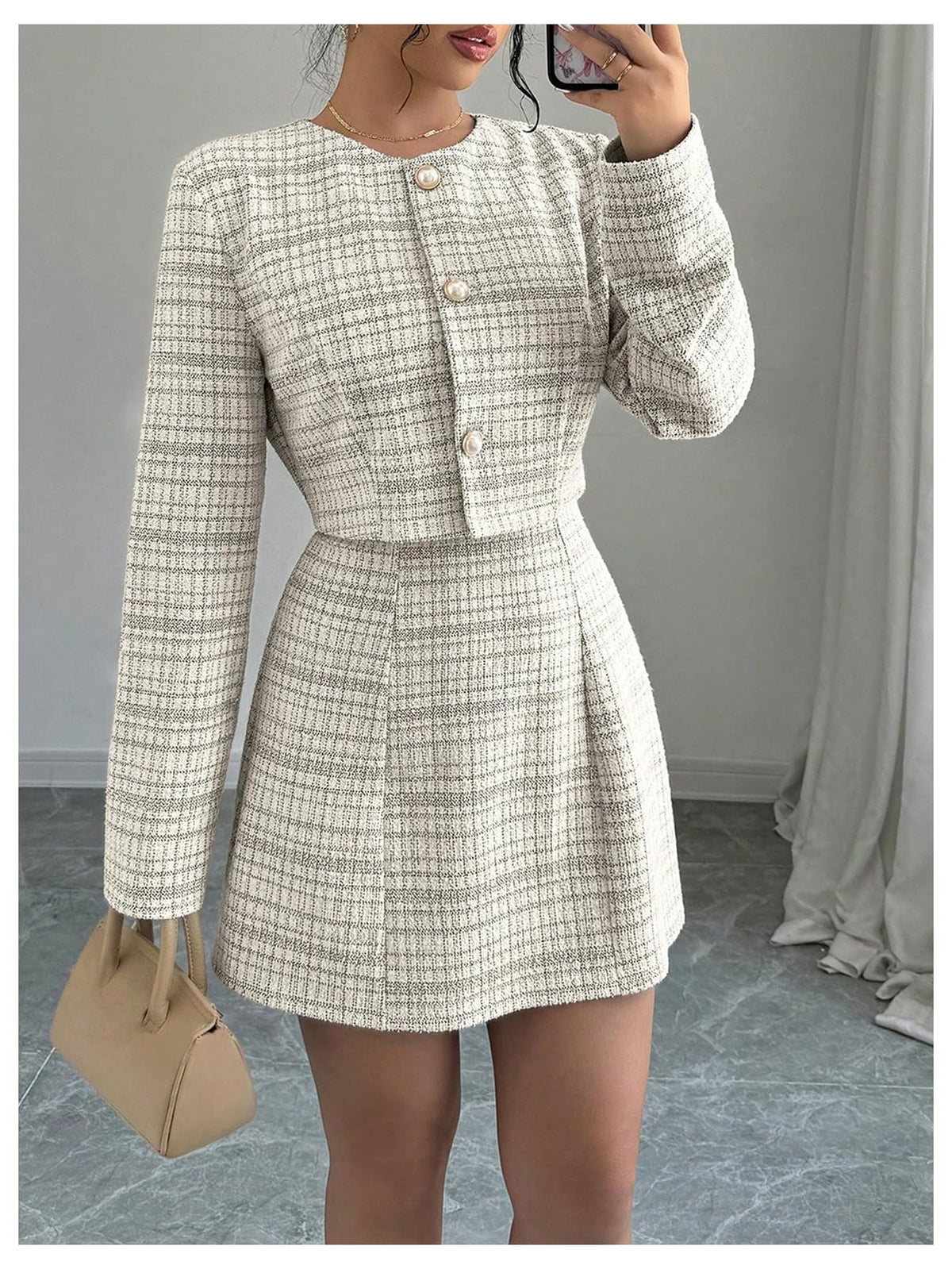 SOLY HUX Women's 2 Piece Plaid Long Sleeve Button Cropped Jacket Dress Set