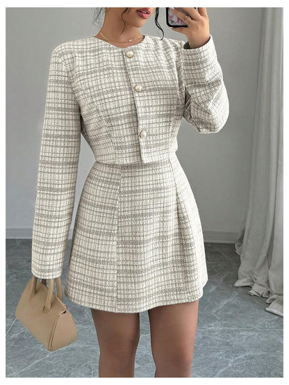 SOLY HUX Women's 2 Piece Plaid Long Sleeve Button Cropped Jacket Dress Set