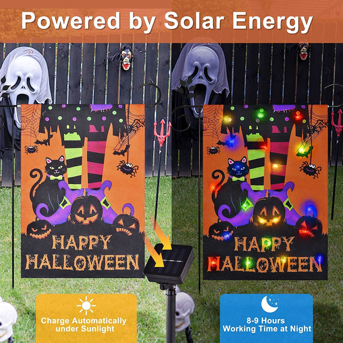 Halloween Lighted Garden Flag for Outside, LED Solar Yard Flag 8 Modes Witch Feet Shape Flag, 28x40 Double Sided Cauldron Eyeball Black Cat Decorations for Home Porch