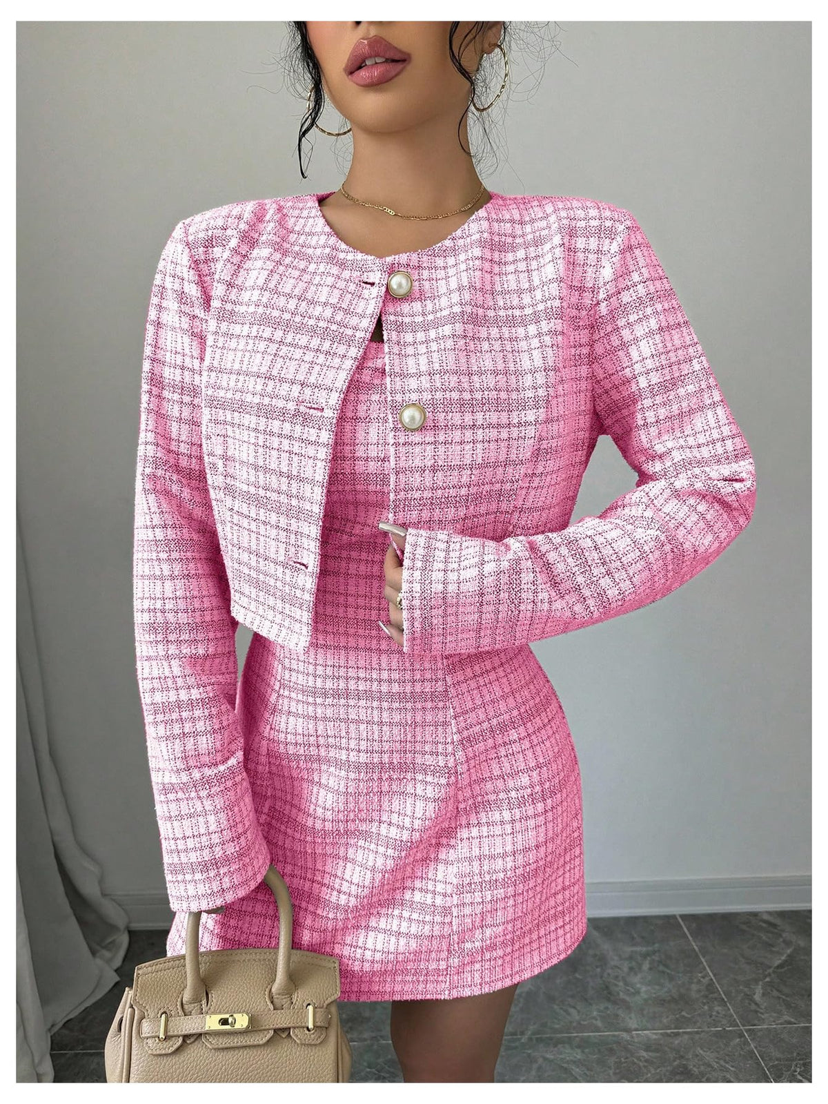 SOLY HUX Women's 2 Piece Plaid Long Sleeve Button Cropped Jacket Dress Set
