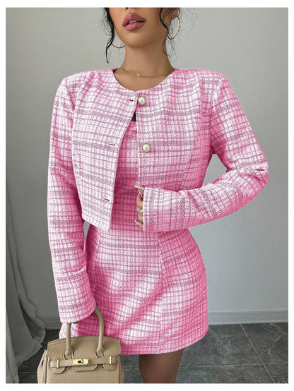 SOLY HUX Women's 2 Piece Plaid Long Sleeve Button Cropped Jacket Dress Set