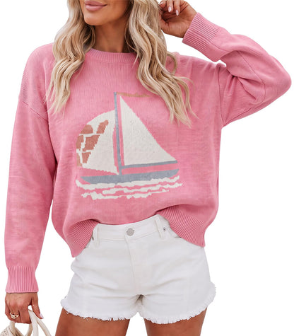 Cicy Bell Womens Graphic Sweaters Lightweight Knit Crewneck Pullover