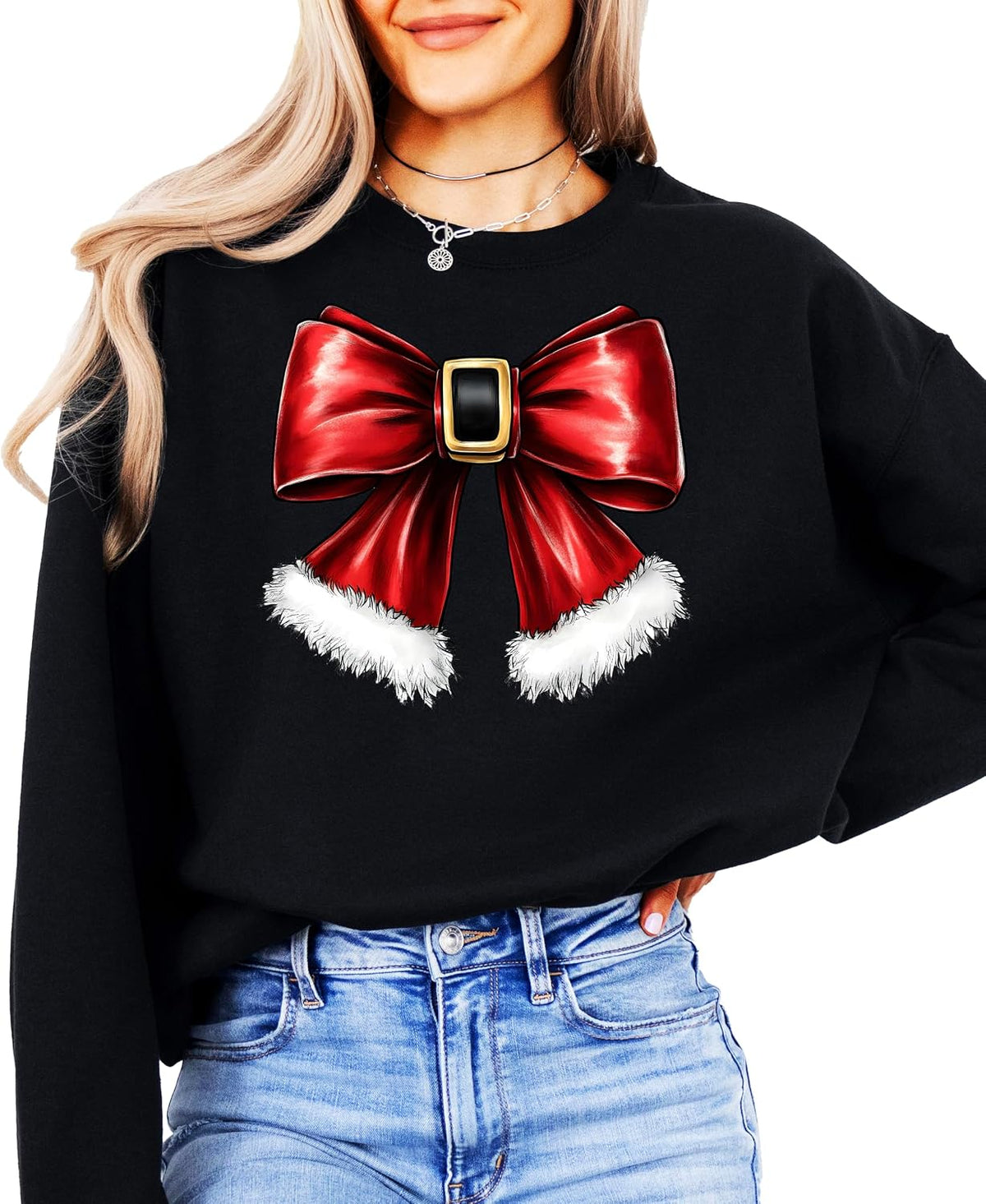 Olive Loves Apple Red Santa Bow Sweatshirt for Women Teens and Kids Christmas Holiday Pullover