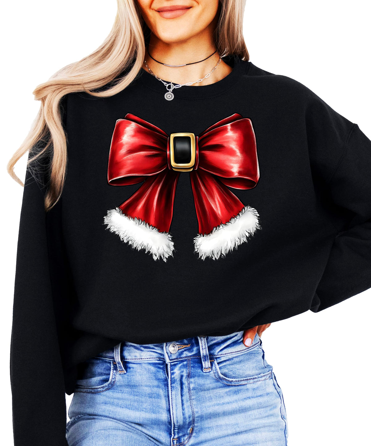 Olive Loves Apple Red Santa Bow Sweatshirt for Women Teens and Kids Christmas Holiday Pullover