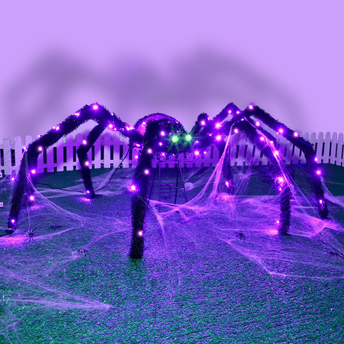 Halloween Decorations Outside Giant Spider - Hoyechi Outdoor Halloween Decor Lighted Spider 4.2Ft, Light Up Spider with 90 LED Lights, Ground Stakes, for Front Yard Porch Gardens Lawns Party