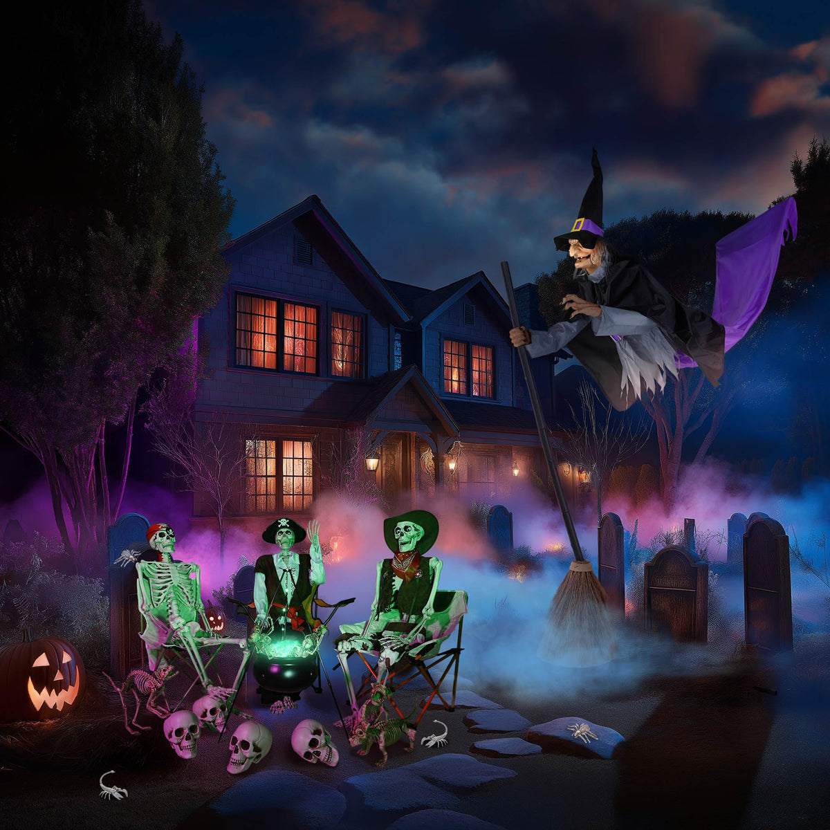 Aw 9Ft Animatronics Flying Witch Hovering Broom Animated Ac 100V-240V Halloween Outdoor Decoration Motion Activated