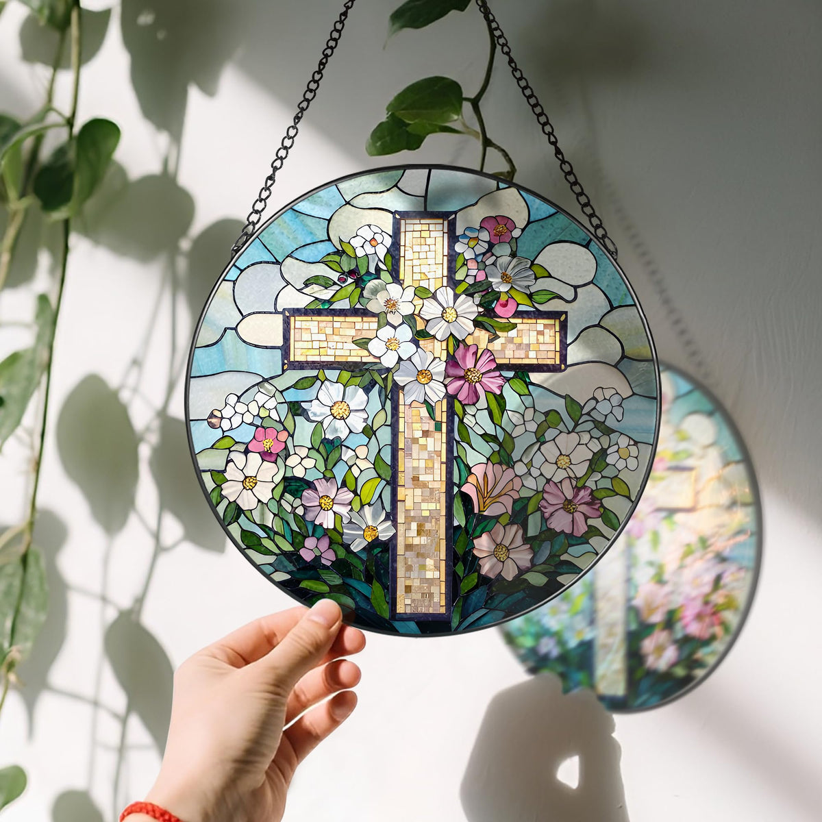8-Inch Jesus with Cardinals Suncatcher Ornament, Stained Glass Window Hanging & Religious Christmas Ornament, Christian Window Decor — Memorial Gift, Christian Gifts for Her, Religious Gifts