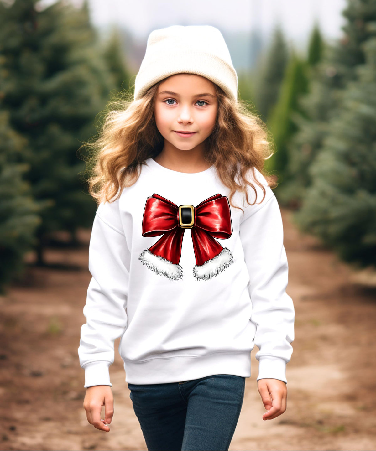 Olive Loves Apple Red Santa Bow Sweatshirt for Women Teens and Kids Christmas Holiday Pullover
