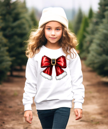 Olive Loves Apple Red Santa Bow Sweatshirt for Women Teens and Kids Christmas Holiday Pullover