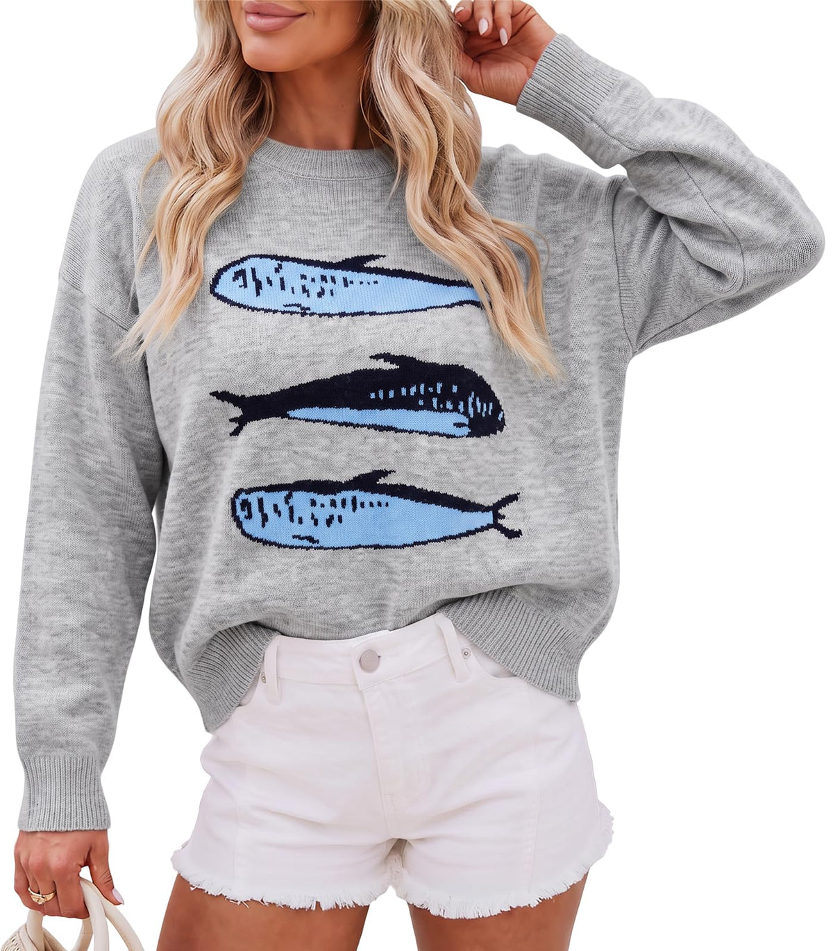 Cicy Bell Womens Graphic Sweaters Lightweight Knit Crewneck Pullover