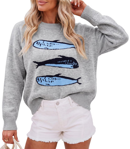 Cicy Bell Womens Graphic Sweaters Lightweight Knit Crewneck Pullover