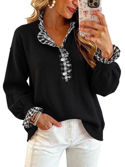 Ruffle Knit Collared Quarter Pullover