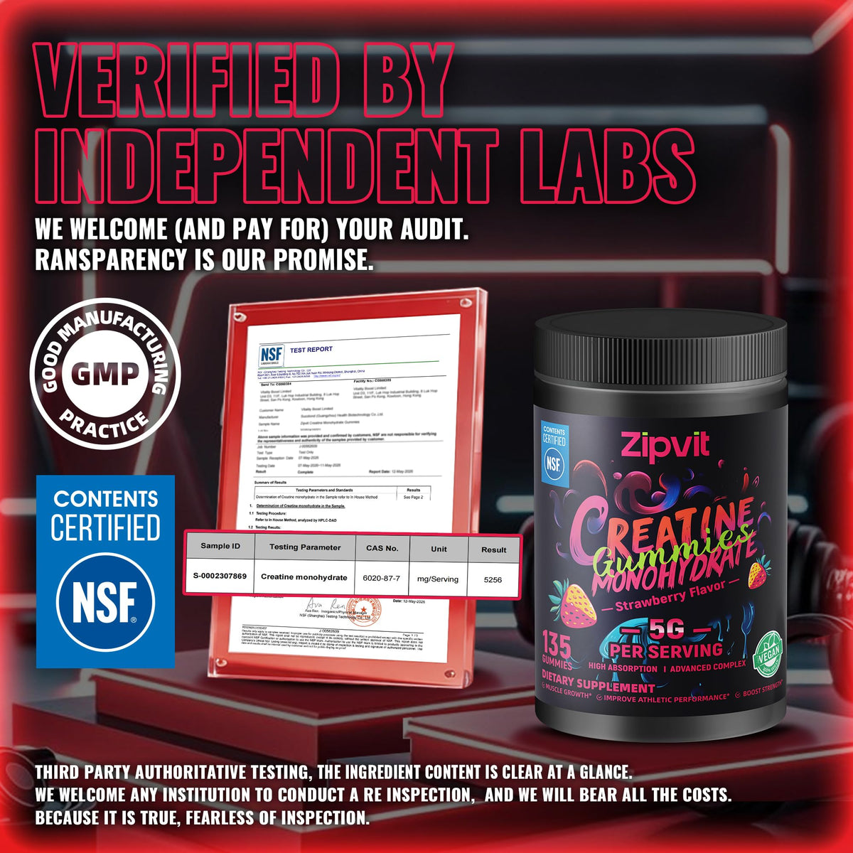 Creatine Monohydrate Gummies, Nsf Certified Creatine Gummy, 5g Dose for Men & Women to Support Muscle, Strength, Recovery, Cognitive Health & Memory, Pineapple Flavor, 135 Gummies