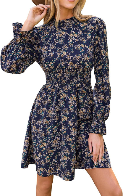 CUPSHE Women Mock Neck Floral Smocked Waist Mini Dress