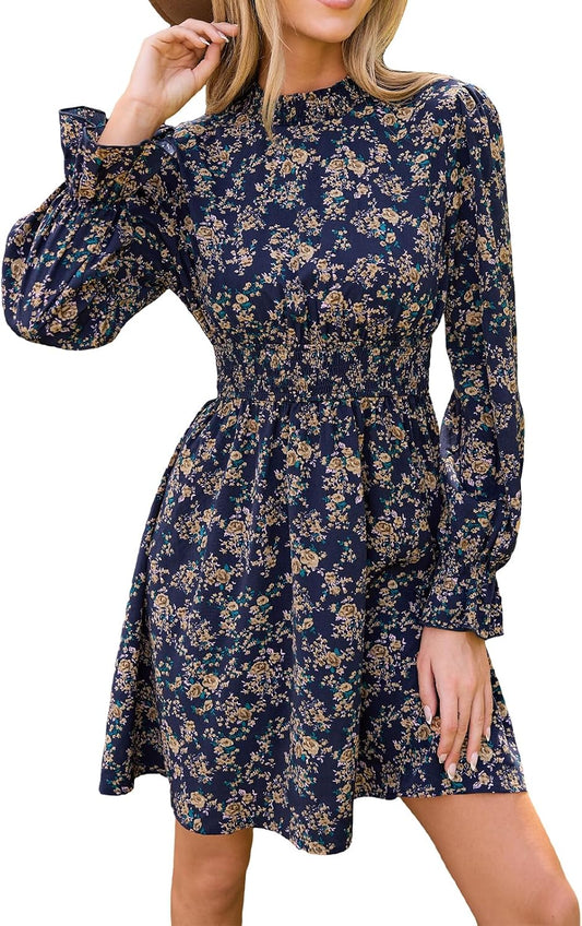 CUPSHE Women Mock Neck Floral Smocked Waist Mini Dress