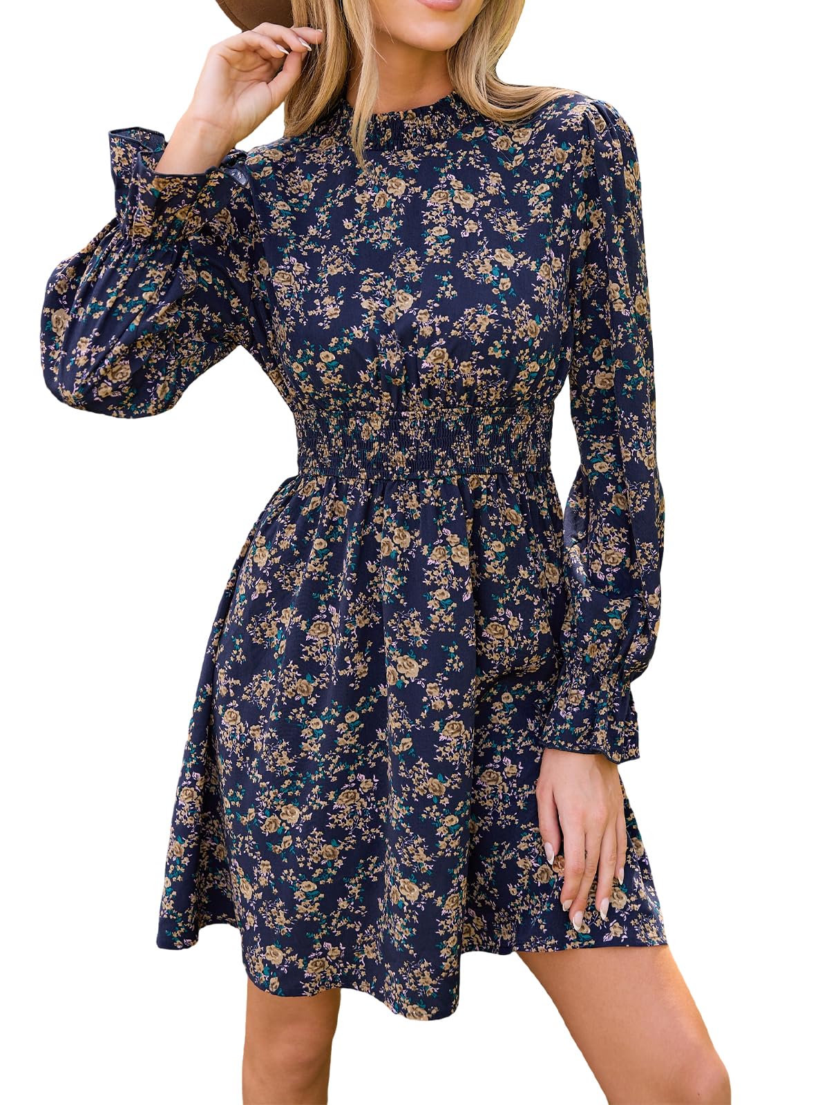 CUPSHE Women Mock Neck Floral Smocked Waist Mini Dress