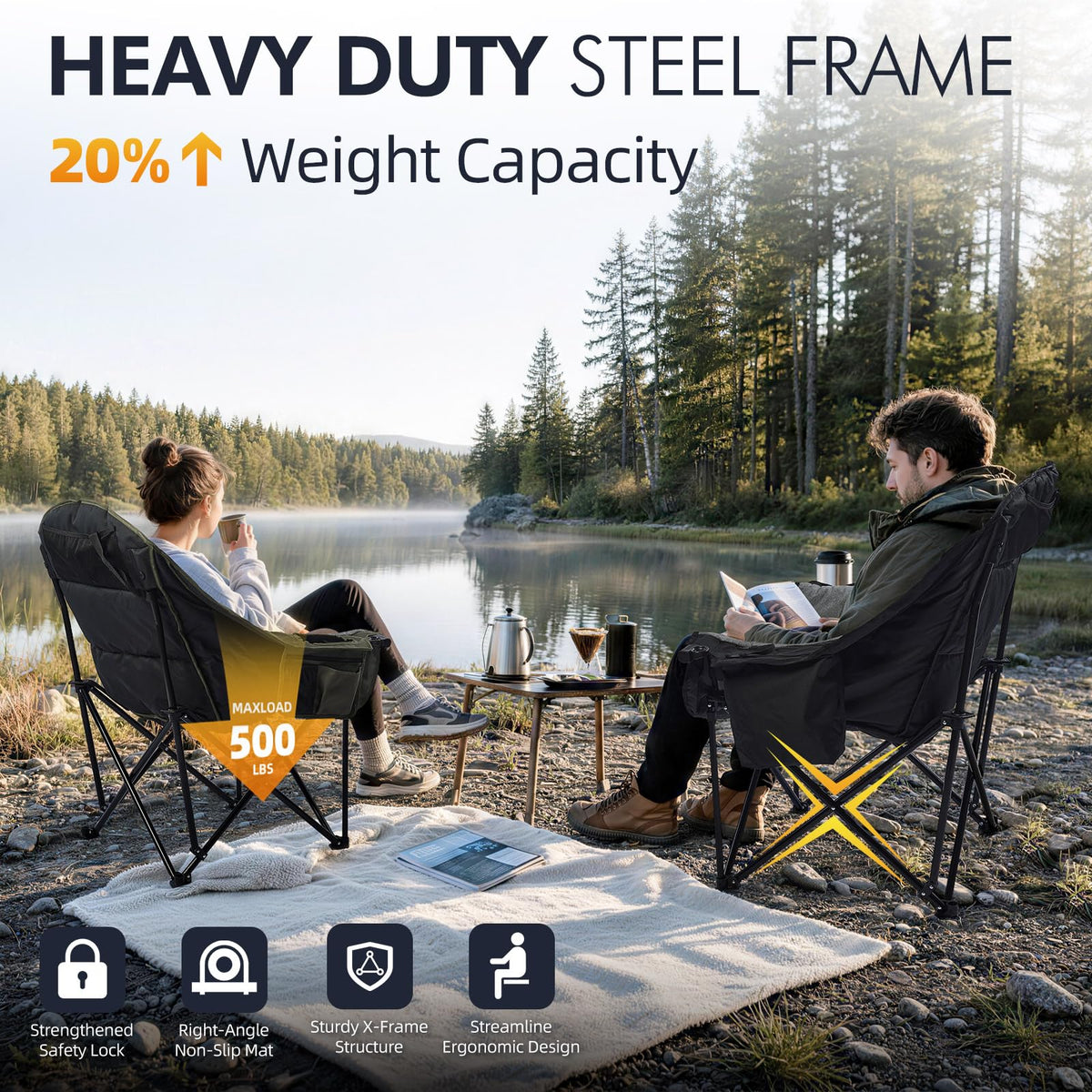Oversized Camping Chairs for Adults - Heavy Duty Padded Outdoor Camp Chair