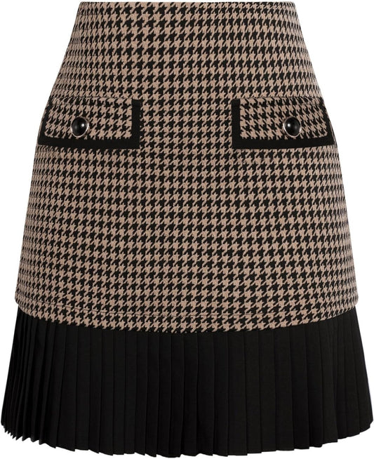 Kate Kasin Women's Plaid Mini Skirt, High Waist Pleated A-Line Skirts