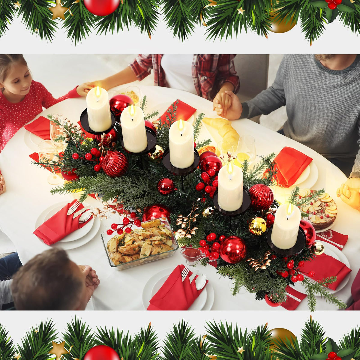 Funnymoom Christmas Tabletop Centerpiece 30 Inch Christmas Poinsettia Candle Holder with 5 Candle Artificial Table Decorations with Red Berries Gold Plants(red Ball)
