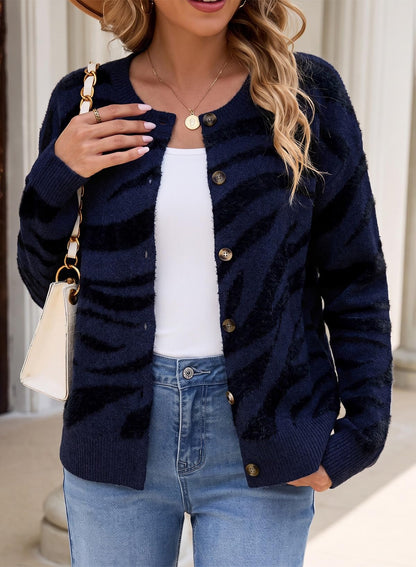 Sidefeel Women's Long Sleeve Crewneck Animal Print Cardigan Sweater