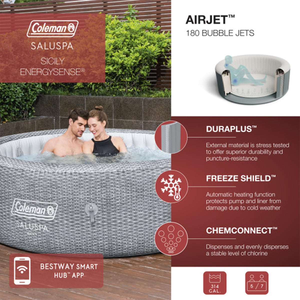 Coleman Sicily 5 to 7 Person Inflatable Hot Tub, Round Portable Outdoor Spa with 180 Airjets and Energysense Cover, Grey, 85" X 28"