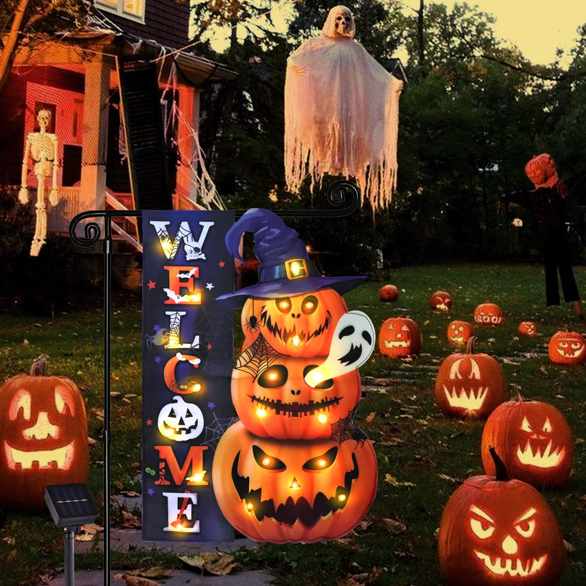 Halloween Lighted Garden Flag for Outside, LED Solar Yard Flag 8 Modes Witch Feet Shape Flag, 28x40 Double Sided Cauldron Eyeball Black Cat Decorations for Home Porch