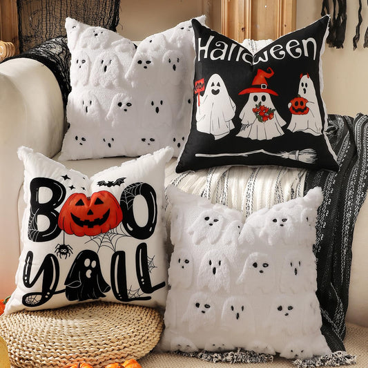 Toypopor Halloween Decorations, 2 Packs Double Sided Ghost Pillow Covers, Soft Fur Throw Pillow Cases Indoor Outdoor Pumpkin Couch Cushion Case for Fall Autumn Bedroom Living Room Home Decor 18''X18''
