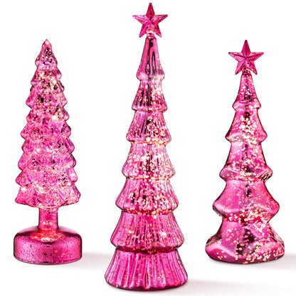 Funnymoom 3 Pack Glass Christmas Trees Decor Lighted Christmas Tree Tabletop Glitter Centerpiece Decoration Glass Xmas Tree Figurines Holiday Ornament for Table Mantle Fireplace(gold,classic)