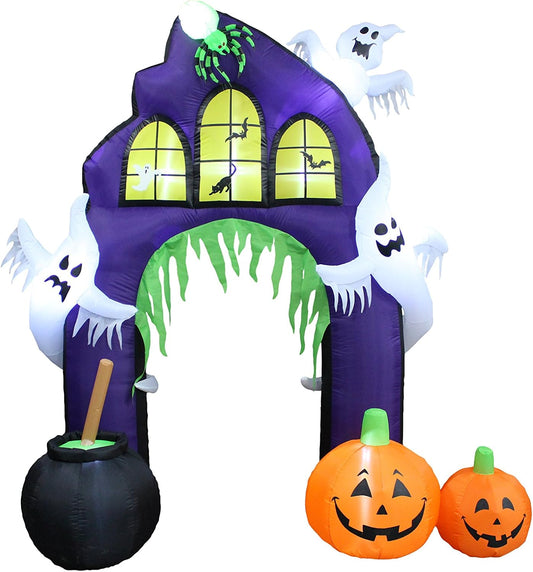 9 Ft Tall Halloween Inflatable Castle Archway | Pumpkins Spider Ghosts Cauldron, LED Lights, Outdoor Indoor, Yard Blowup