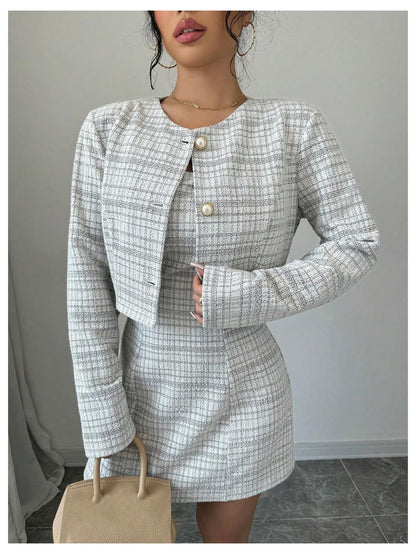 SOLY HUX Women's 2 Piece Plaid Long Sleeve Button Cropped Jacket Dress Set