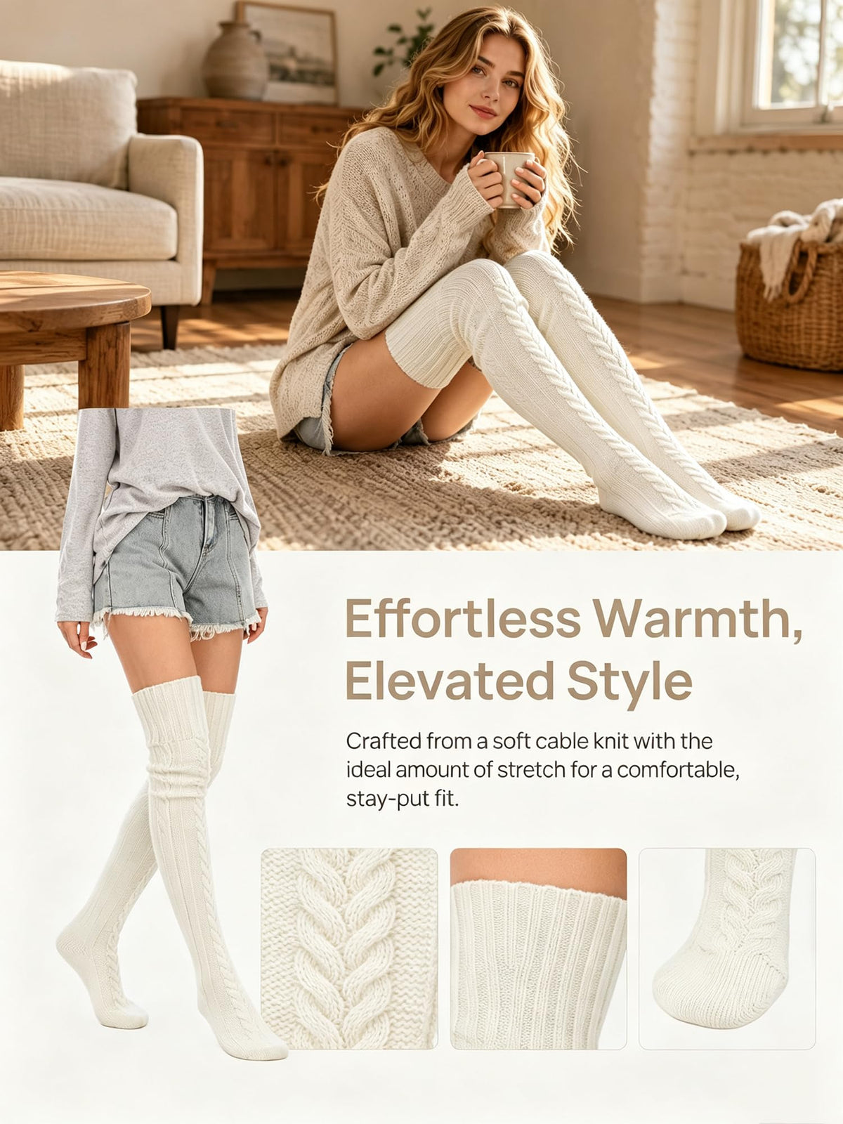 Leoparts Women's Cable Knit Thigh High Socks Over Knee Leg Warmer Stockings