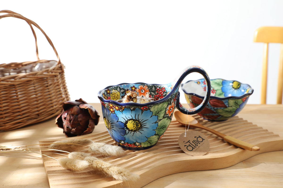 Alma Handpainted Microwavable Soup Bowl with Loop Handle 18.6Oz, Cereal Bowl with Handle